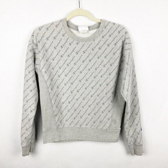 Champion Reverse Weave Gray Crew Neck All Over Logo Sweatshirt Size Small - Picture 1 of 9